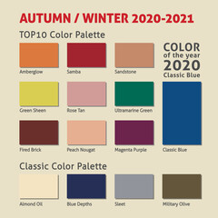 Autumn / Winter 2020-2021 trendy color palette. Fashion color trend. Palette guide with named color swatches. Saturated and classic neutral color samples set. Vector Illustration