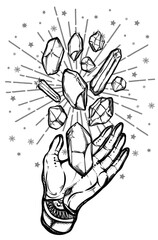 Vector illustration.Hand, magic crystals, mysticism, tattoos. Handmade, prints on T-shirts, background white