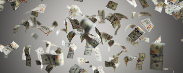 Money rain - one hundred dollar bills flying. 100 USD