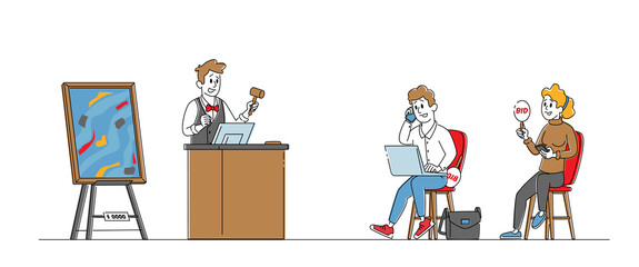 Auction Bidding Concept. Male and Female Characters Sitting on Chair and Rising Bid Boards for Buying Asset. Collectors during Auctioning Process, Rarity Selling. Linear People Vector Illustration