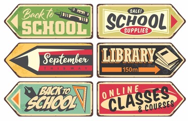 Vector school retro sign set. Vintage vector illustration with school supplies books and pencils. 