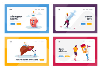 Obraz na płótnie Canvas Hospital Staff Landing Page Template Set. Doctors in Medical Robe with Syringe and Pills. Character in Uniform Treat Brain and Liver, Nurse Medicine Profession. Cartoon People Vector Illustration