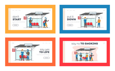 Naklejka na ściany i meble Smoking in Public Place, Bad Habit Landing Page Template Set. Characters Smoke near Prohibited Sign on Bus Stop with People around. Angry Woman with Child Admonish Smokers. Linear Vector Illustration