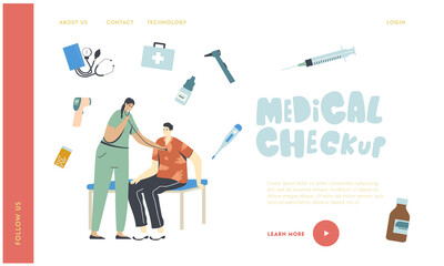 Health Care and Medical Check Up Landing Page Template. Practitioner with Stethoscope Listen Patient Character Heart Beating. Doctor Therapist Medicine Appointment. Linear People Vector Illustration