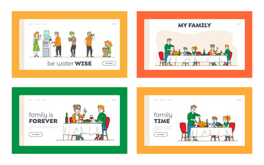 Family Dinner, People Drinking Water from Cooler and on Street Landing Page Template Set. Parents, Grandparents and Children Eating Sitting at Table. Holiday Celebration. Linear Vector Illustration