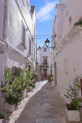 Fototapeta na wymiar Narrow white street in Locorotondo old town, province Bari, southern Italy.