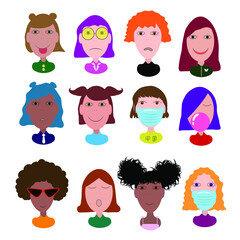 Set of avatar girls. Icon set of girls faces on a white background