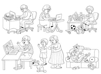 Old people communicating by internet with their relatives. Social isolation. Coloring page. Set of illustrations. Cute and funny cartoon characters isolated on white background