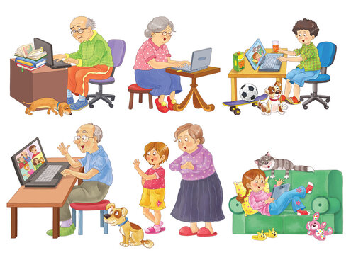 Old people communicating by internet with their relatives. Social isolation. Coloring page. Set of illustrations. Cute and funny cartoon characters isolated on white background