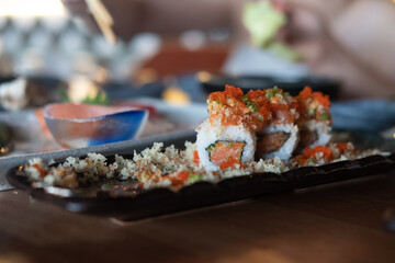 Selective focus of California sushi.