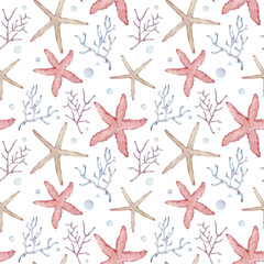 Seamless pattern with pink and yellow starfish, corals and seaweed. Watercolor marine endless background.