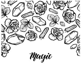 Vector illustration. crystals, bouquet of roses, mysticism, prints on T-shirts, background white. Handmade, tattoos