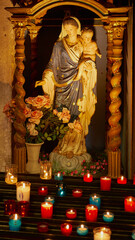 Maryja posąg wśród świec na ołtarzu - obrazy, fototapety, plakaty