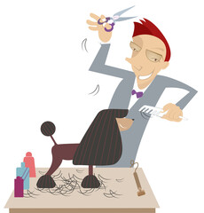 Man grooming of the dog illustration. Smiling barber man cuts hair of the dog isolated on white
