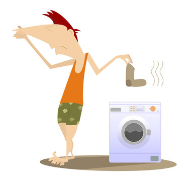 man holding stinky sock near washing machine clip art preview