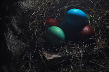 Easter painted eggs on burlap