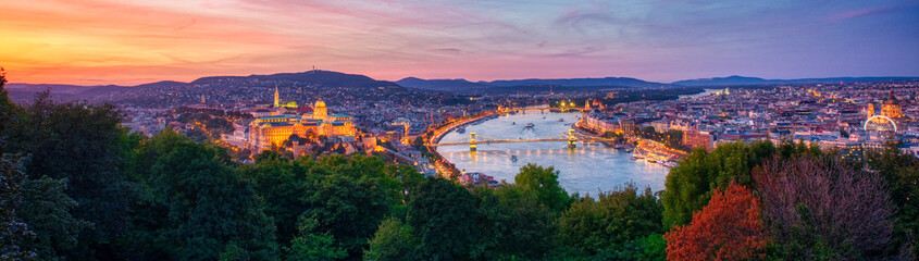 Panoramic Sunset View of Budapest, Hungary in spring season rom famous viewing spot at Citadella