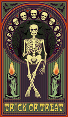 Art nouveau invitation card with skeleton, vector illustration