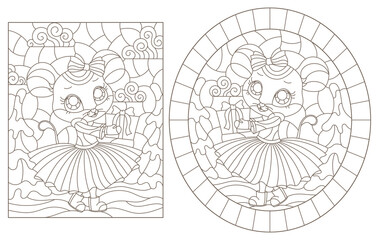 Set of contour illustrations in stained glass style with cute cartoon mice, dark outlines on a white background