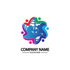 Fototapeta na wymiar world comunity logo with people and globe illustration design vector.