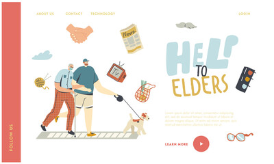 Helping and Support Aged Pensioner Landing Page Template. Volunteer Help Senior Man in Medical Mask Walking with Dog. Kind Selfless Male Character Doing Good Deal. Linear People Vector Illustration