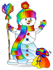 Naklejka premium Illustration in stained glass style with the figure of a bright cartoon snowman, isolated on a white background