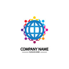 world comunity logo with people and globe illustration design vector.