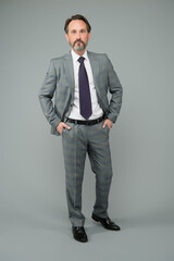 Lawyer does it legally. Senior lawyer grey background. Consult lawyer in formal style. Legal adviser. Attorney. Career as lawyer. Formalwear. Formal style. Business dress code. Law is my life