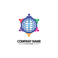 world comunity logo with people and globe illustration design vector.