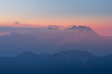 Morning view of the Kosuta ridge in Karavanke range alps before the sunrise, Slovenia