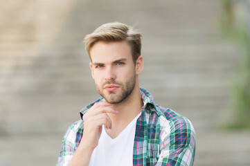 Skincare treatment. Handsome man with unshaven face skin. Skincare routine. Skincare cosmetic...