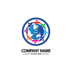 world comunity logo with people and globe illustration design vector.