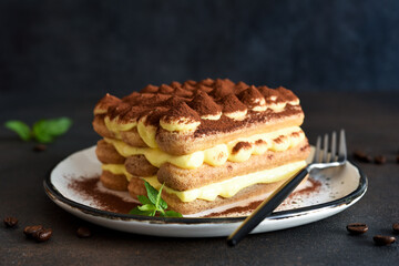 Italian traditional tiramisu dessert in a plate on a concrete background.