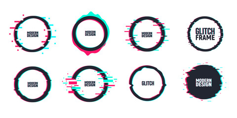Vector set of geometric circle frames in distorted glitch style. Set of circle shape borders, covers. Modern background for posters, banners, flyers, covers.