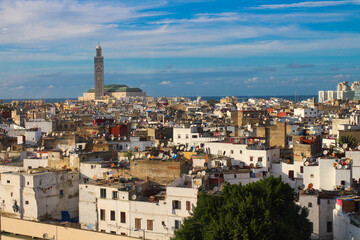 Obraz premium Top view of the rooftops of Casablanca and the Hassan II mosque.Morocco.