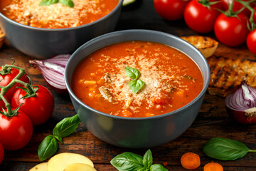 Seasonal vegetables classic minestrone soup with pasta served with cheese, grilled sour dough bread and basil leaves