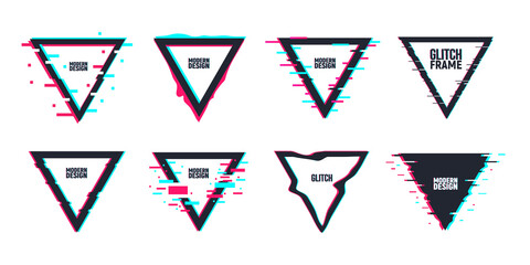 Vector set of geometric triangle frames in distorted glitch style. Set of triangle shape borders, covers. Modern background for posters, banners, flyers, covers.