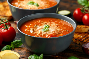 Seasonal vegetables classic minestrone soup with pasta served with cheese, grilled sour dough bread and basil leaves