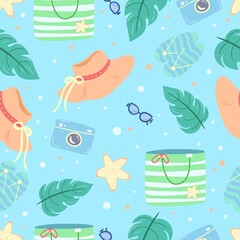 Fototapeta premium Summer seamless pattern with beach accessories - hat, bag, sunglasses. Vector design for textile, wrapping, fabric.