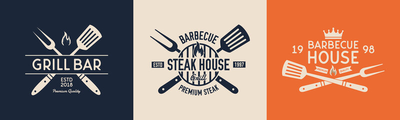 Steak House, Grill bar, Barbecue house vector logo templates. Vintage logo, label, badge, sticker design. Grill logo with barbecue grill ,spatula and grill fork. Vector illustration - obrazy, fototapety, plakaty