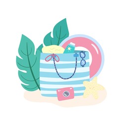 Colorful summer beach bag with accessories for swimming. Holiday vacation concept. Tropical design with palm leaves. Illustration for banner, poster, magazine, card.