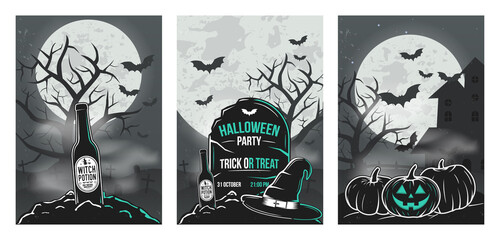 Set of 3 Halloween party invitations templates. Halloween background for poster, banner. Bottle of beer, tombstone, witch hat, halloween pumpkins. Vector illustration