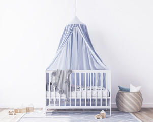 interior of a bedroom for newborn baby, white crib with blue canopy, minimal interior design, 3d render