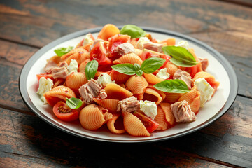 Conchiglie Tuna pasta with tomato sauce, feta cheese and basil on wooden table.