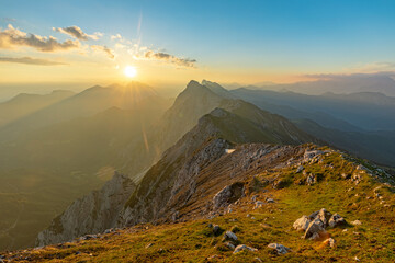 Morning view of the Košuta ridge in Karavanke range alps at the sunrise, Slovenia
