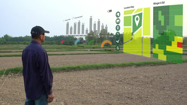 Smart farming with IoT, futuristic agriculture concept : Farmer wears VR or AR glasses, monitors rainfall data, temperature, humidity, soil pH with immersive experience on digital holographic screen