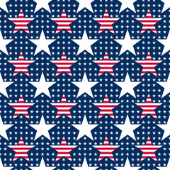 Abstract seamless vector pattern with big and small white five pointed stars and big stars with red stripes. Independence day background. 4th July abstract geometric pattern.