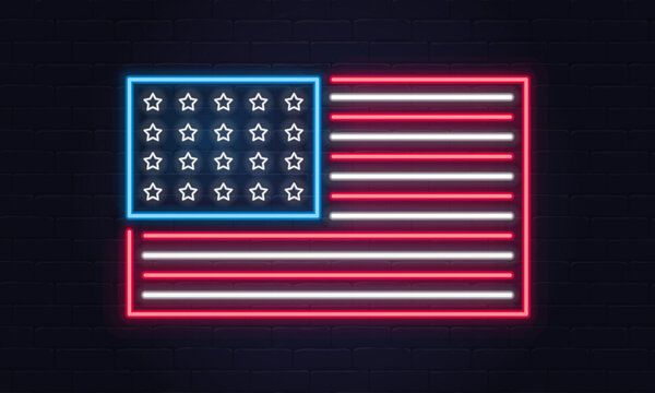 USA flag. United States of America flag neon sign. USA logo, emblem. Fourth of July neon poster. Light banner. Vector illustration.
