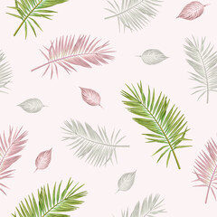 Seamless pattern with watercolor palm leaves in pastel colors.