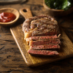 Grilled beef steak with tomato sauce
